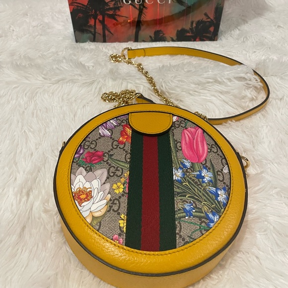 GG Supreme Monogram Flora Web Mini Ophidia Round Shoulder Bag Yellow - Picture 5 of 6